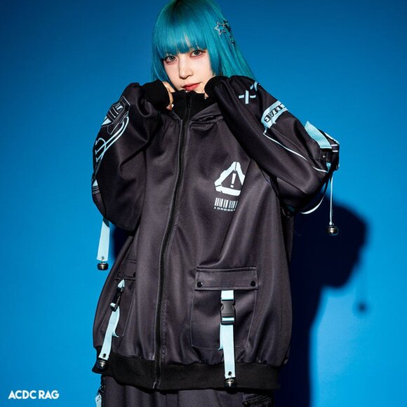 NEW ACDC RAG Error Code Cyberpunk Tech Oversized Black Blue Jacket - Picture 3 of 11